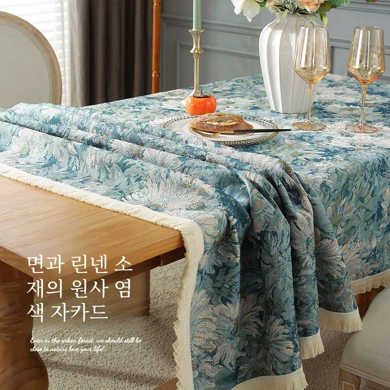 New American vintage Oil Painting Sle Cotton Linen Tablecloth Light Luxury High-End Anti-Scald Rectangular Coffe...