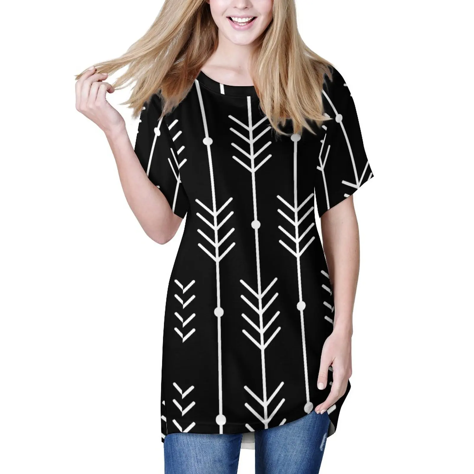

White Nordic Pattern T Shirt Modern and Minimal Retro Long T Shirts Short Sleeve Basic Tees Woman Beach Print Big Size Tops