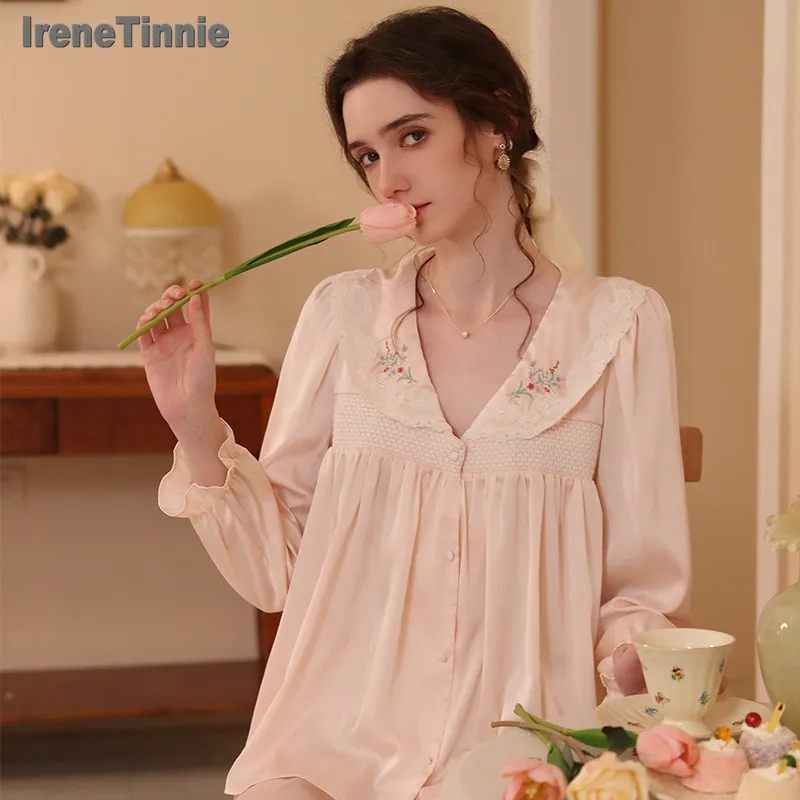 IRENE TINNIE New Spring Autumn 2 Pices Pajamas set Ice Silk Sleepwear Lapel Floral Sweet Fashion Pijama Mujer костюм женский