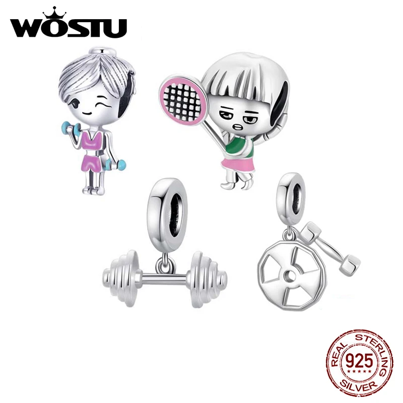 

WOSTU 925 Sterling Silver Sports Barbell Fitness Tennis Girl Charm Bead Pendant Fit Original Bracelet Necklace For Women Jewelry