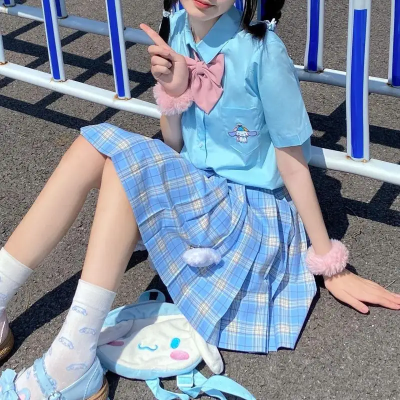 

Kawaii летняя форма Jk рубашка с коротким рукавом Милая Вышивка Mymelody Cinnamoroll Kuromi S-L Sanrio аниме плюшевый подарок для девочек