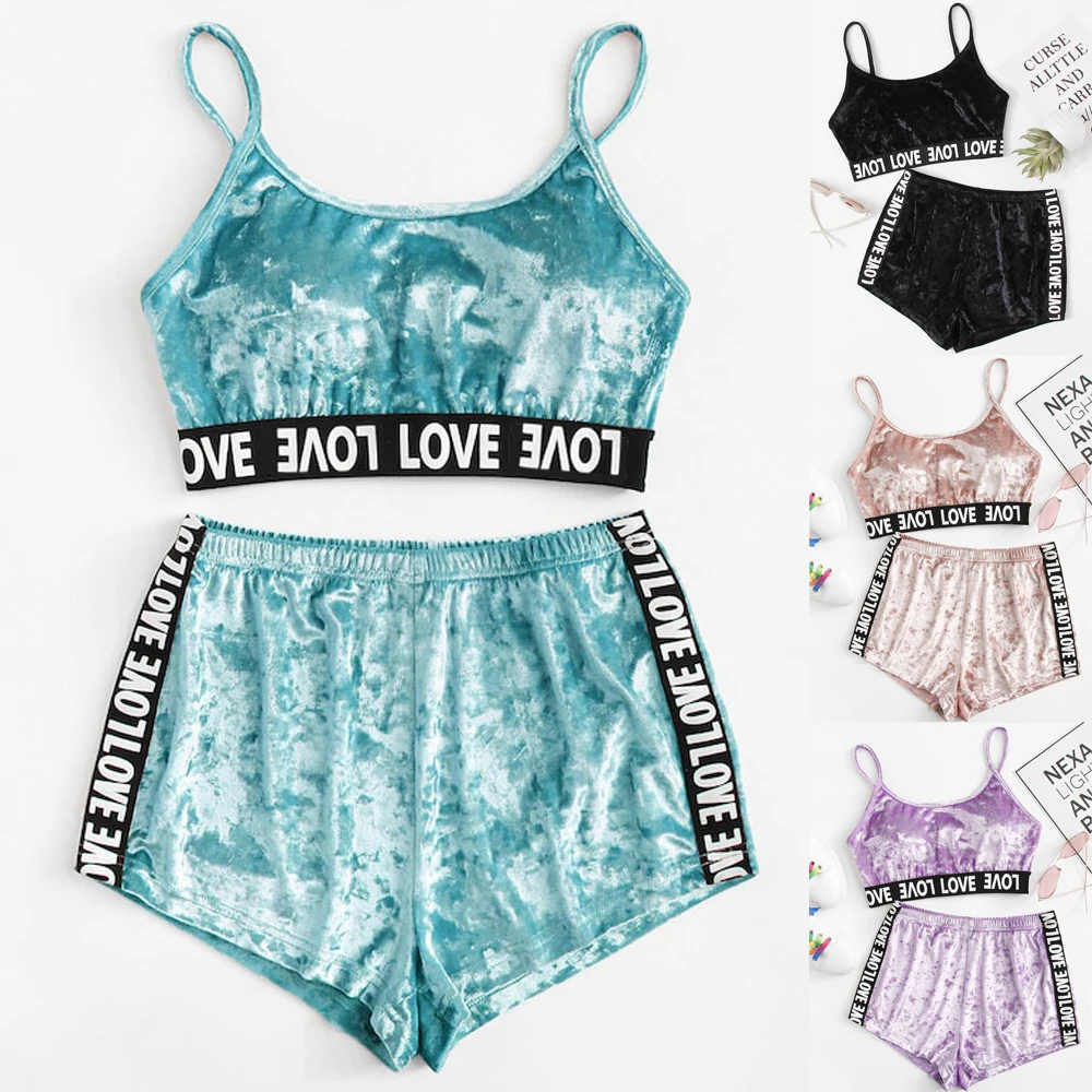 

Casual Pajama Set 2022 Summer New Style Women Sleepwear Velvet Babydoll Letter Nightwear Sleepwear Homewear Pjs Set