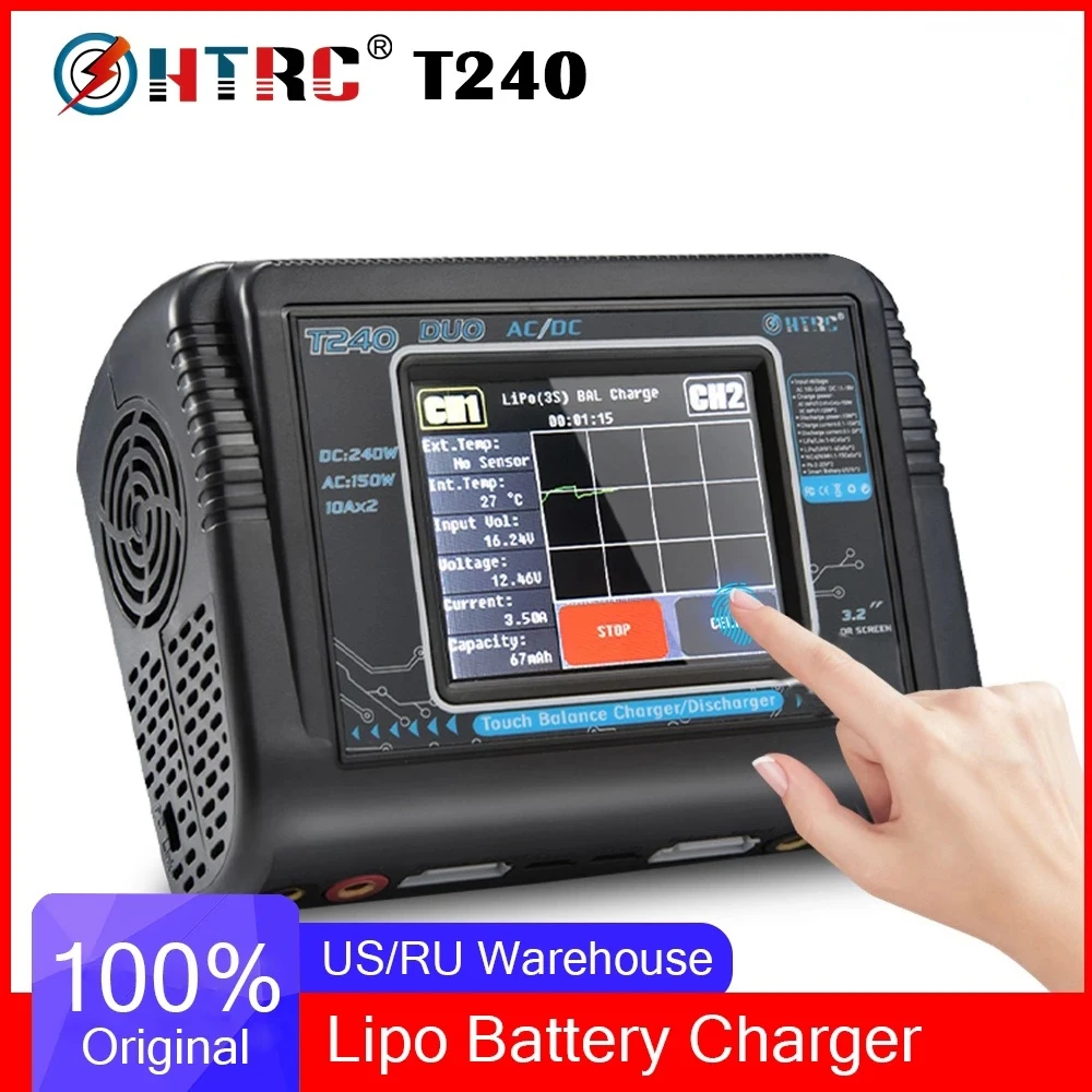

Original HTRC T240 Duo Lipo Charger Discharger Dual Channel AC 150W DC 240W Touch Screen Balance RC Charger For Model Car Toy