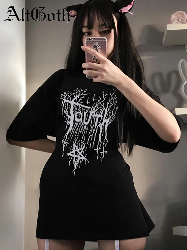 

AltGoth Harajuku Grunge Gothic T-shirt Women Streetwear Punk Print Short Sleeve O-neck Tee Tops Vintage Y2k Loose Casual T-shirt