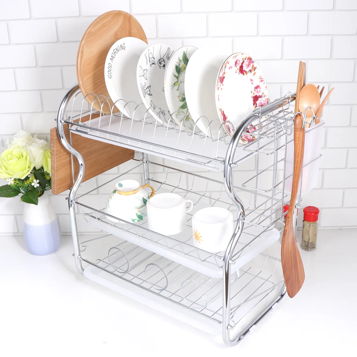 

Sink Dish Drying Rack with Hanger Utensil Cutlery Holder Dish Drainers Drainboard Rustproof Dish Basket Shelf for Organizer