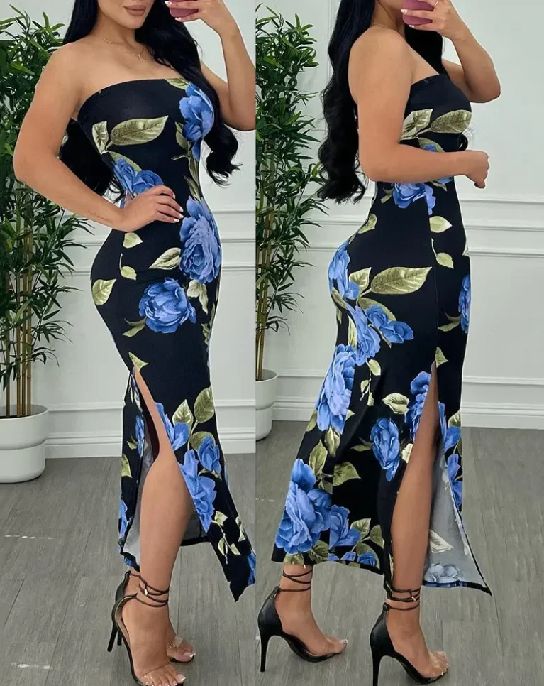 

One Piece Summer Dresses Woman 2022 New Chic Bandeau Slit Floral Print Sleeveless Daily Maxi Dress