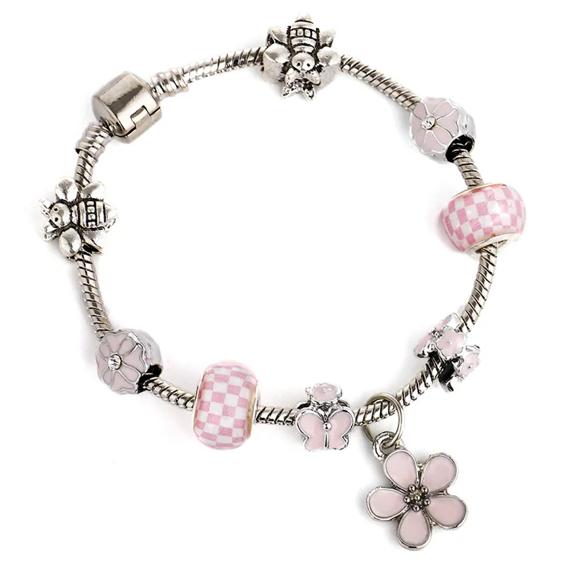 

Fashion Pink Charm Bracelet Little Daisy Bee Pink Oil-Spot Glaze Flowers Pendant Bracelet Girls Popular Jewelry Gift Luxury
