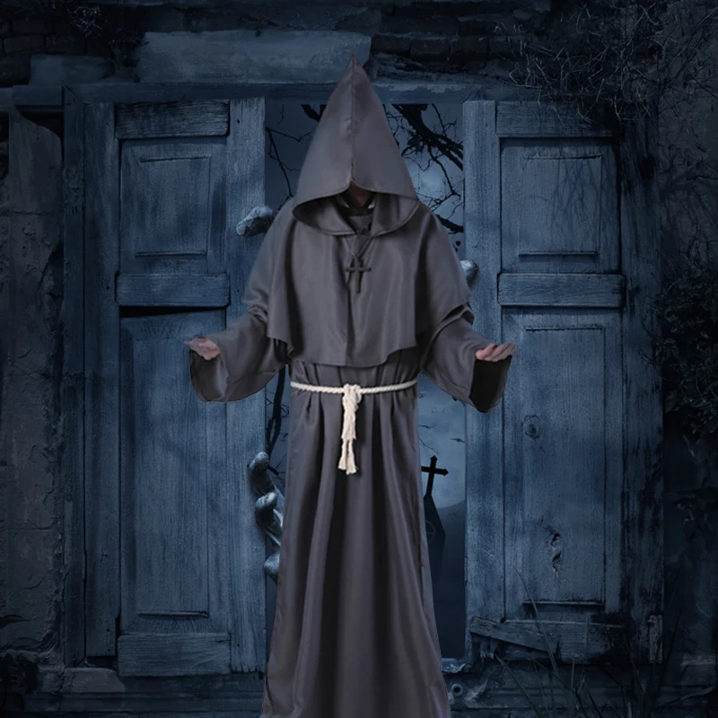 

Monk Friar Cloak Medieval Hooded Monk Robe Halloween Cosplay Priest Costume Masquerade Party Wizard Adult Clothing Props