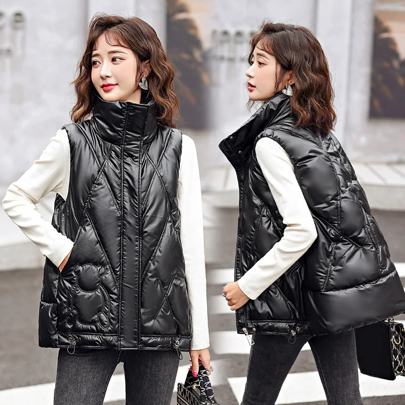 

2022 new women's bright leather sleeveless winter hooded warm down cotton loose stand collar shows thin waistcoat trendy