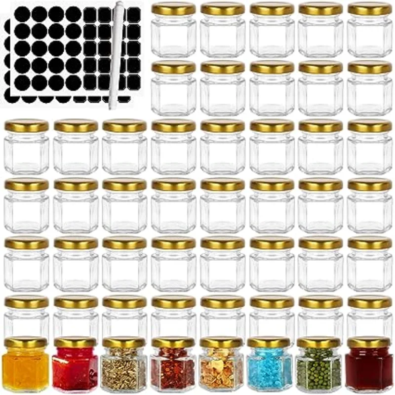 

60Pcs 1.5oz Hexagon Glass Jars with Golden Lids Mini Canning Jars Containers Include 1 Chalk Pen and 80 Labels