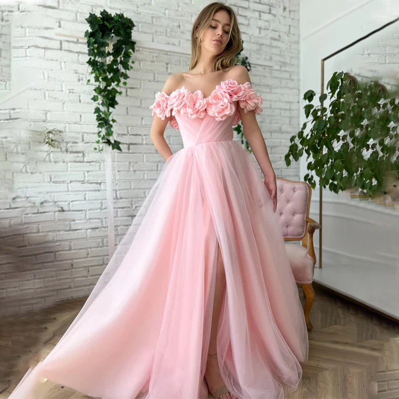 

Pink Sweetheart Off Shoulder Floral 3D Flowers Slit Pleats Tulle Zipper Prom Gowns Evening Dress Vestidos Formatura