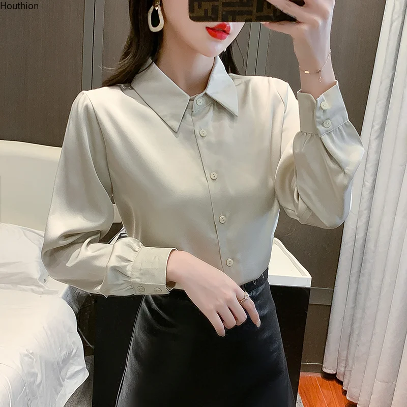 

Рубашка-поло Женская атласная с длинным рукавом, Повседневная модная блузка, однотонный топ, лето-осень