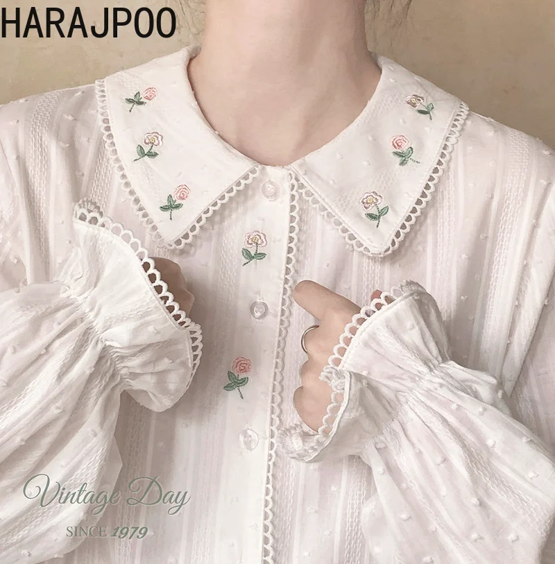 

Рубашки Harajpoo для женщин, японские милые вышитые розы, кружевные хлопковые свободные топы с кукольным воротником, новинка 2022, весенние женск...