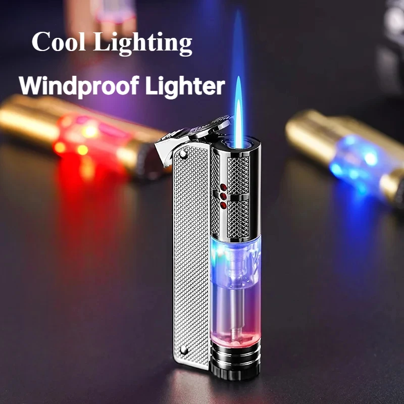 Металлическая прозрачная газовая зажигалка с разноцветными огнями прямая