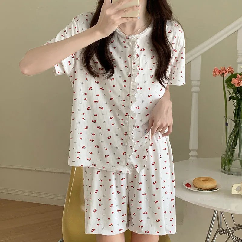 CAIYIER 2022 Korean Pajamas Set For Women Summer Flower Grils Sleepwear Sweet Cherry Female Nightwear Kawaii Leisure Home Suit
