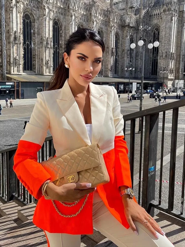 

ZAA Autumn 2022 New Women's Fashion Personality Casual Lapel Single Button Flip Pocket Unique Color Mosaic Long Sleeve Suit Coat