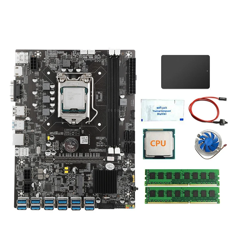 

B75 12USB Miner Motherboard+CPU+2X4G DDR3 RAM+128G SSD+CPU Fan+Thermal Grease+Switch Cable LGA1155 MSATA BTC Motherboard
