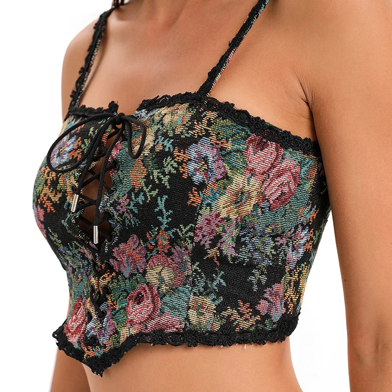 

Women's XS Sexy French Floral Cropped Spaghetti Strap Tank Top Summer Fashion Plus Size Bandage Backless Cutout White Corset Top