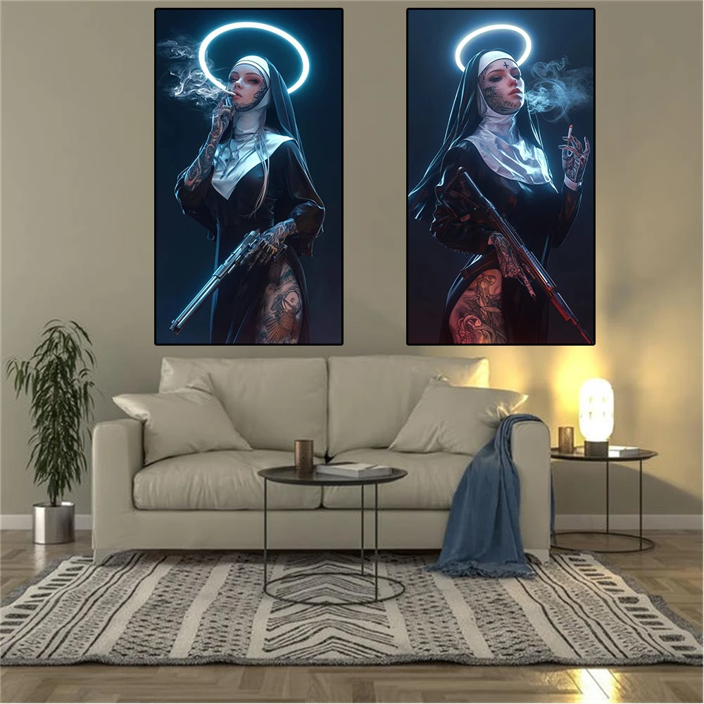 Пикантная тату-машинка монахиня плакат печать христианская курительная холст