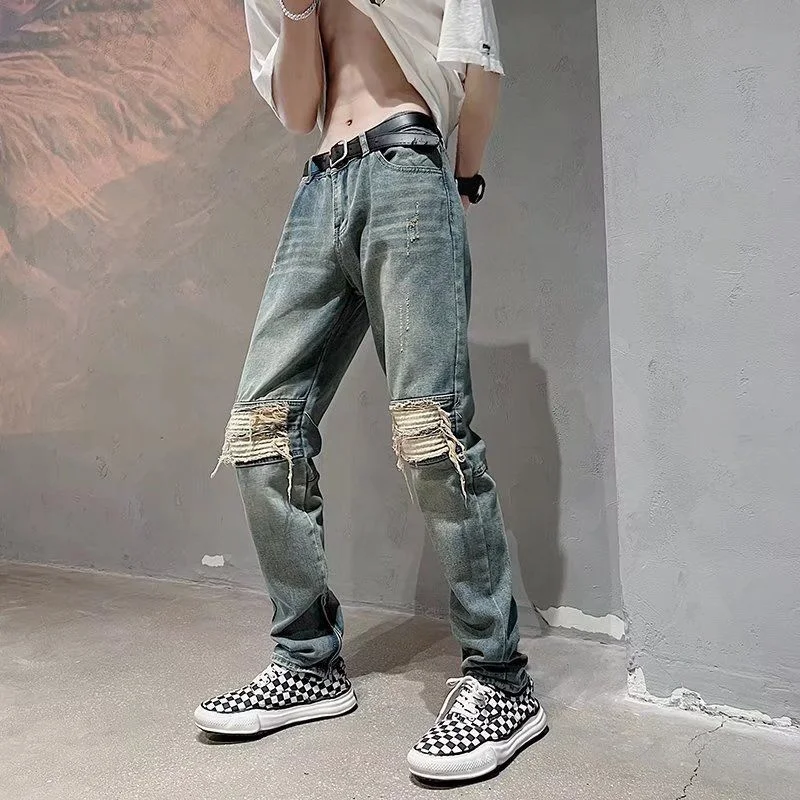 Summer Ripped Skinny Jeans Men Slim Fashion Casual Blue Straight Jeans Men Streetwear Hip Hop Holes Denim Pants Mens Trousers