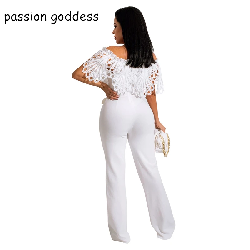 Summer Elegant Fashion Long Rompers Womens Jumpsuit Lace Hook Flower Ruffles Off The Shoulder Sashes Jumpsuit Overalls for Women