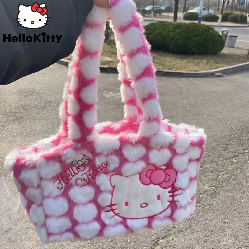 

Sanrio Hello Kitty Cartoon Y2k Korean Harajuku Style Shoulder Bag For Women Autumn Plush Flannel Thick Velvet Female Handbags
