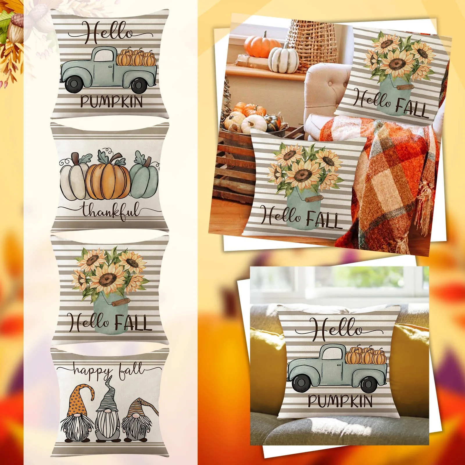 

4PCThanksgiving Pumpkin Sunflower Pillowcase Sofa Cushion Flax Out Door Pillow Covers Pillow Covers Bedroom Peach Throw Pillows