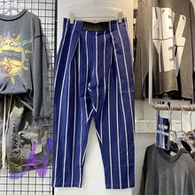 KAPITAL Pantalones Retro de algodón y lino para hombre y mujer, pantalón informal a rayas, de nueve puntos (2)