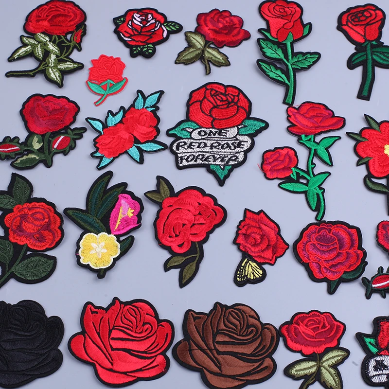 

Red Rose Embroidered Patches for Clothing Thermoadhesive Patches Velcro Patch Appliques for Crafts Heat Transfer Designs Sticker