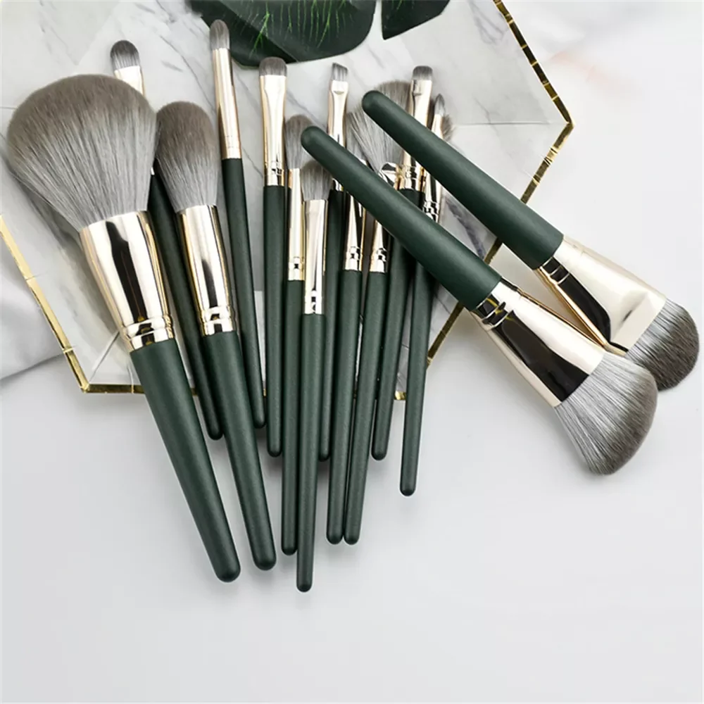 

NEW2022 14pcs Soft Natural Hair Green Makeup Brushes Set Professional Foundation Powder Blush Eyeshadow Eyebrow Beauty Cosmetic