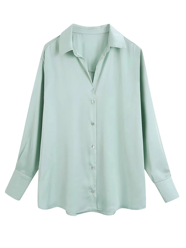 

YENKYE 2022 Fashion Women Light Green Casual Slim Satin Blouse Office Lady Long Sleeve Shirt Chic Business Chemise Blusas Tops