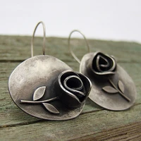 vintage ethnic engraved antique silver color rose metal asymmetrical flowers drop earrings gift