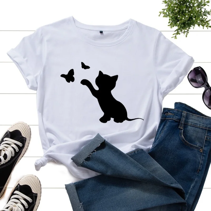 

Женская футболка с принтом кошки и бабочки, Повседневная Свободная футболка из 100% хлопка с коротким рукавом и графическим принтом, с круглы...