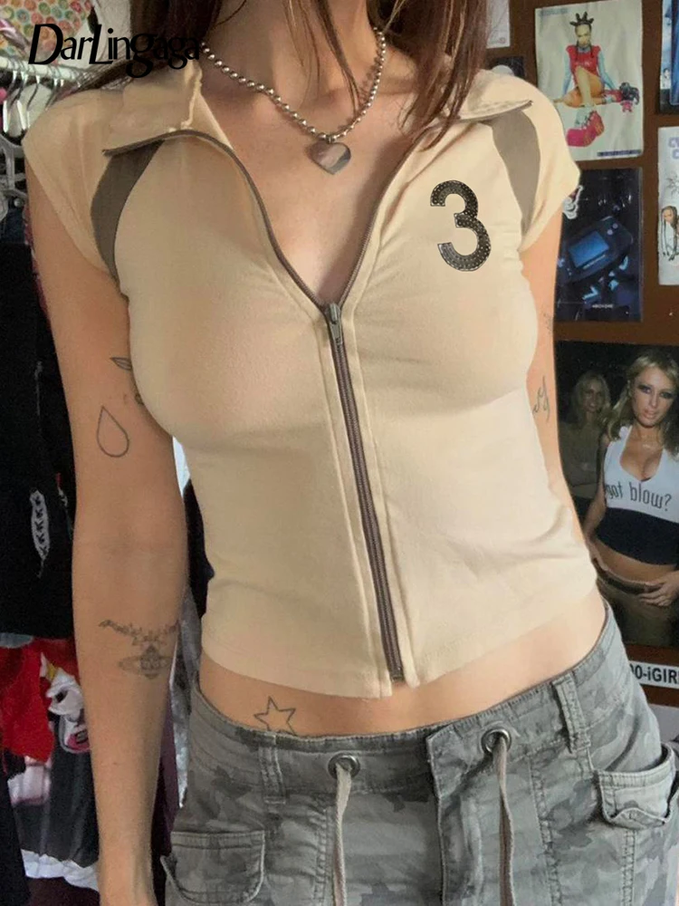 

Darlingaga Y2K Casual Print Stitched Khaki Short Sleeve T-shirts for Women Streetwear Fitness Zip Up Top Tee Summer Slim Shirts