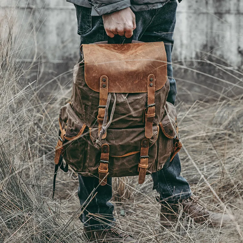 

Laptop Backpack School Bag Water Resistant Canvas Crazy Horse Leather Outdoor Hiking Travel Bag Dropshipping