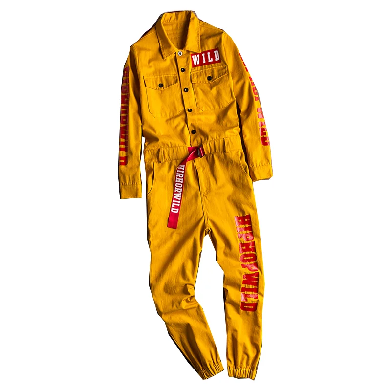 Men's Printed Phrase Jumpsuit Running Work Pants With Pockets For Hip Hop Yellow Loose Free