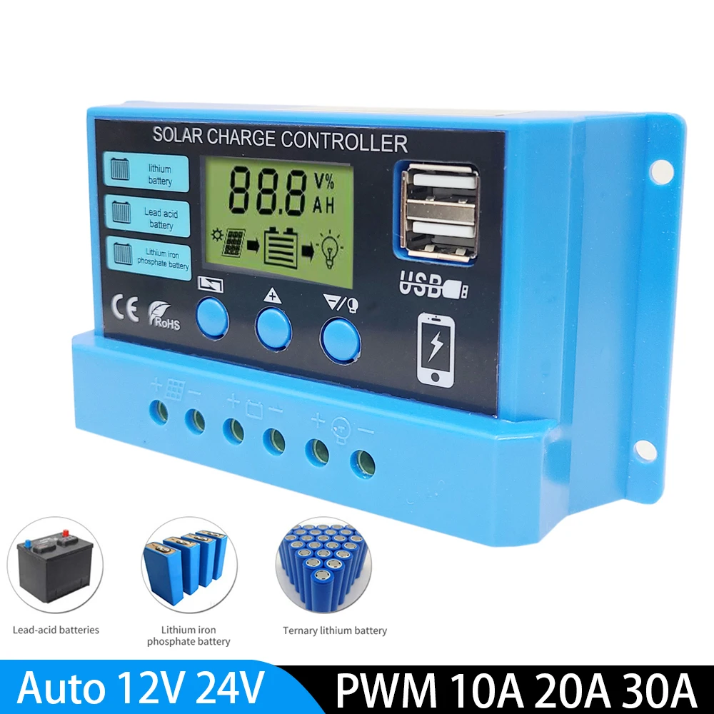 

10A 20A 30A 12V 24V PWM Solar Charge Controller 720W 480W 360W 240W 120W Solar Panel Regulator For Lifepo4 Lithium GEL Lead