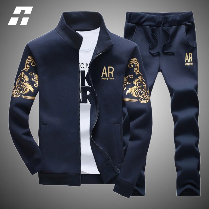 

Men's Casual Tracksuit Spring Autumn Print Sportswear Sets Men 2 Piece Zipper Sweatshirt+Sweatpants Fashion Set Brand Clothing