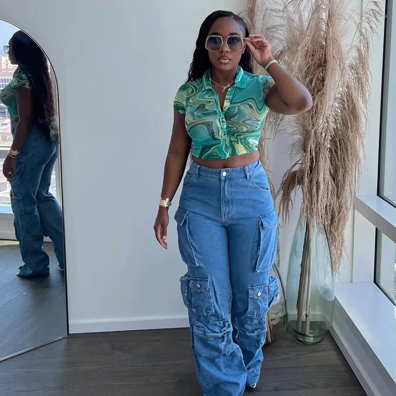 

Women Fashion Sexy Sheer Mesh Tight Short Sleeve Button Up Crop Tops Green Abstract Print Graphic Shirts for