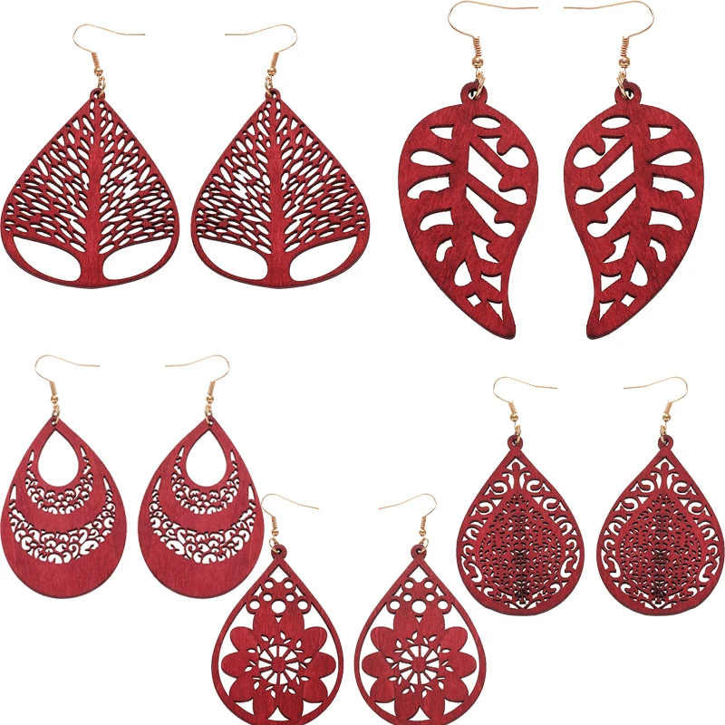 

Women Burgundy Red Wood Dangle Earrings Retro Ethnic Wooden Laser Cutting Pendant Earrings Jewelry Accessories Gift