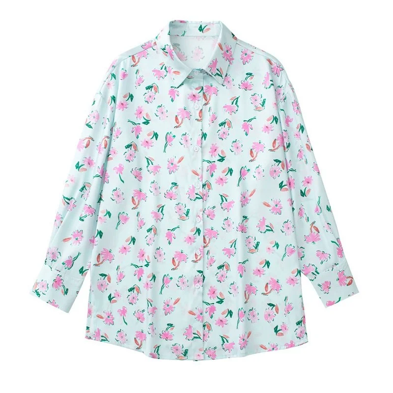 

Spring Summer Women Loose Blouse Vintage Floral Print Long Sleeve Button Up Shirt Femme Fashion Side Split Long Shirt Casual Top