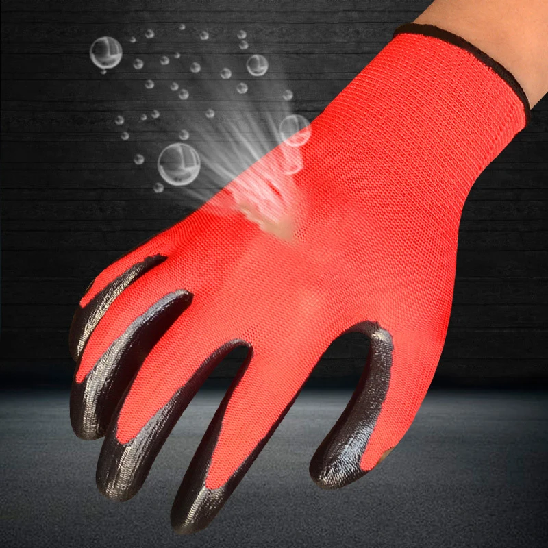 

24PCS/12Pairs Safety Nitrile Coated Working Gloves Man Hands Security Protective Work Gloves With Knitted Red Nylon Dipped PU