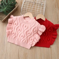rinilucia 2022 autumn korean style baby girls knitted o neck vests sleeveless pullovers tops ruffles kids cotton waistcoats