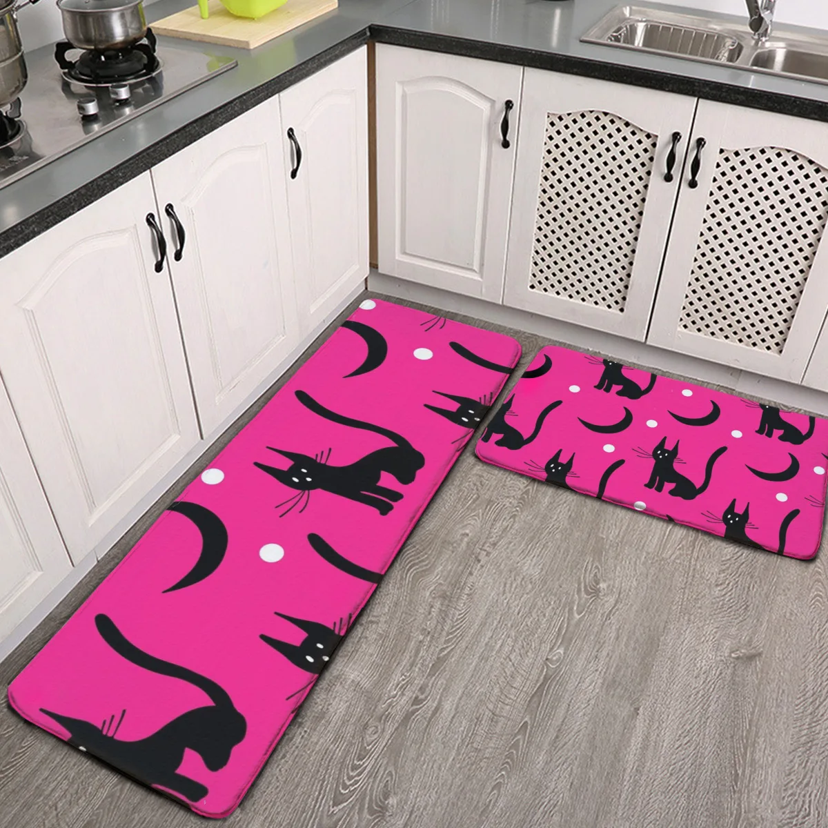 

Kitchen Mat Cushioned Anti Fatigue 2 Piece Set Black Cat Crescent Moon Hot Pink,Happy Halloween Kitchen Floor Mats Rug Carpet No