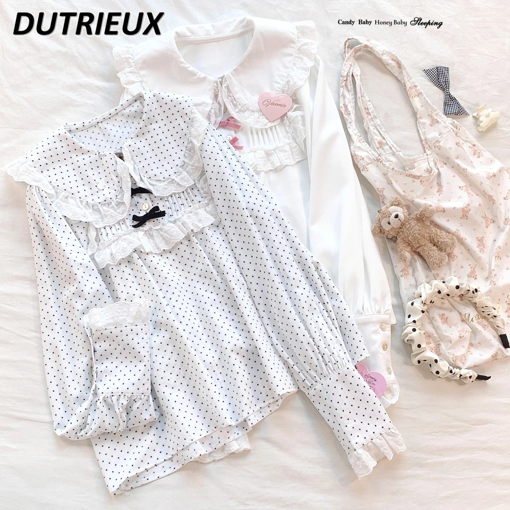 

Sweet Cute Girl White Shirt Lace Stitching Lapel Long Sleeve Bowknot Tops Spring Autumn All-matching Blouse Bottoming Shirt