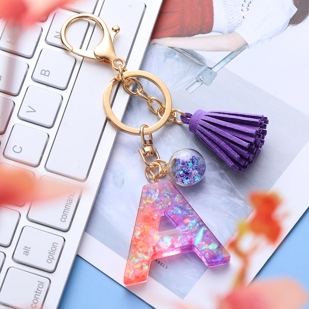 

Fashion Tassel Keychains A-Z Letters Initial Resin Key Chains Rings Handbag Pendant Cute Car Keyring Charm Bag Accessories Gifts