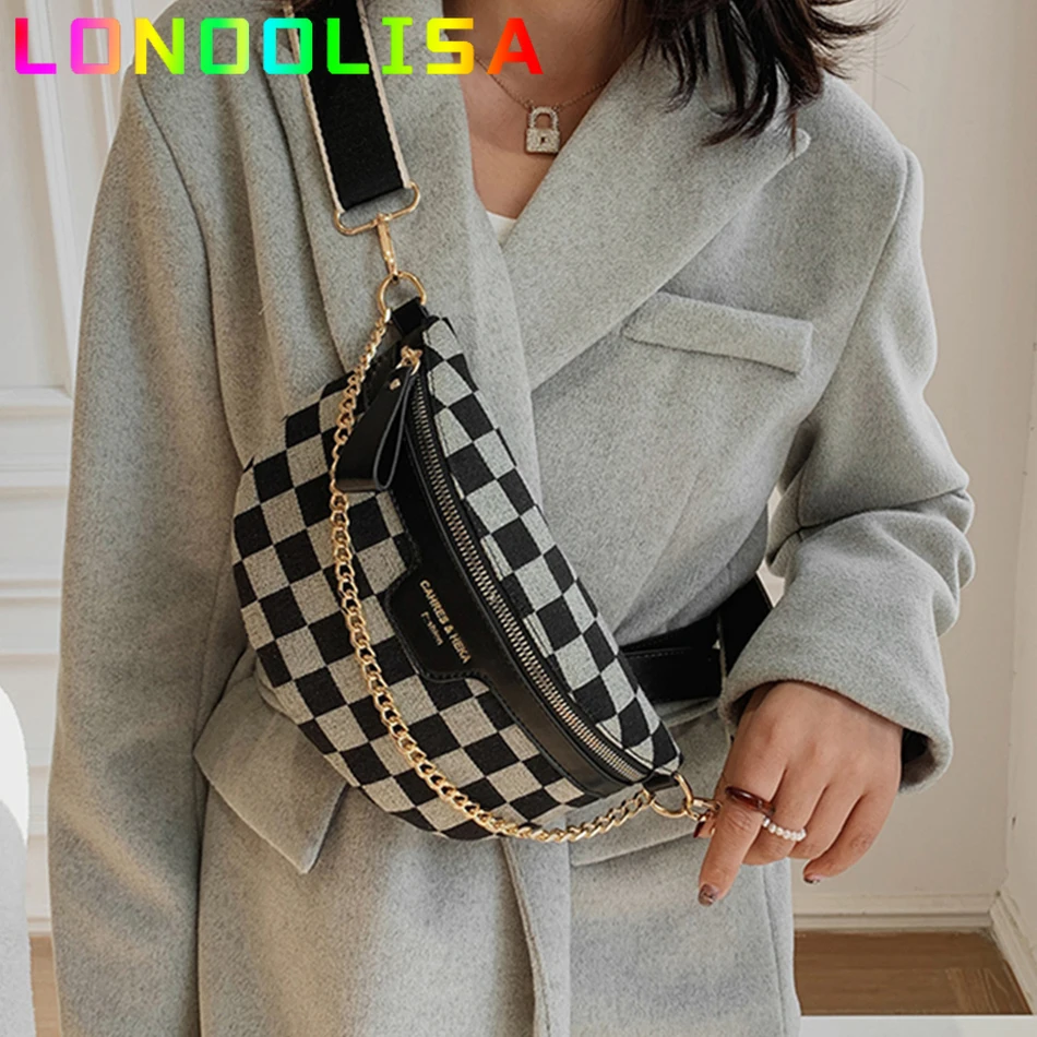 

Women's Plaid Chain Fanny Pack Soft PU Leather Shoulder Crossbody Chest Bag Designer Female Handbag Purse Lady Belt Waist Wallet