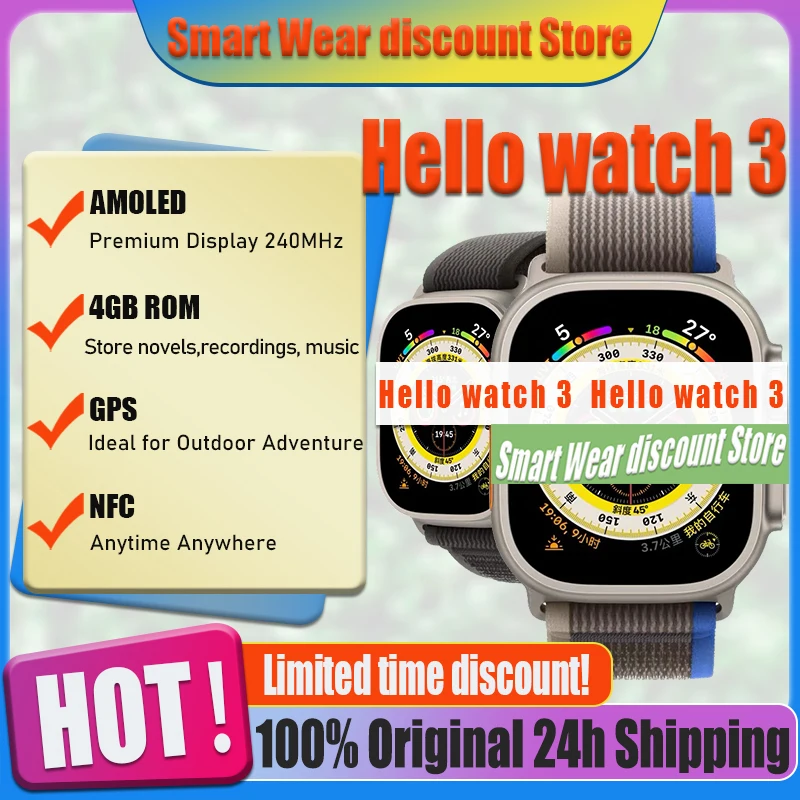 

Smart Watch Hello Watch 3 Original 4GB ROM Series 8 Ultra 49mm NFC Compass Heart Rate Monitor IWO Men Women Amoled Smartwatch