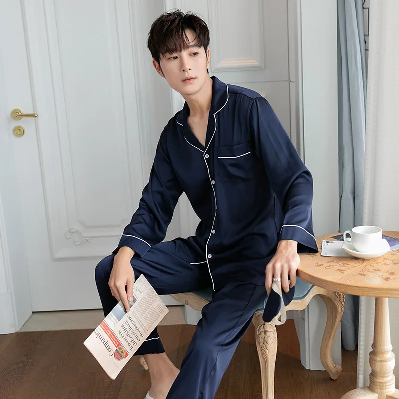 High-end Silk Pajamas for Men Long-Sleeve Satin Pajama Set Korean Pajamas Sleepwear