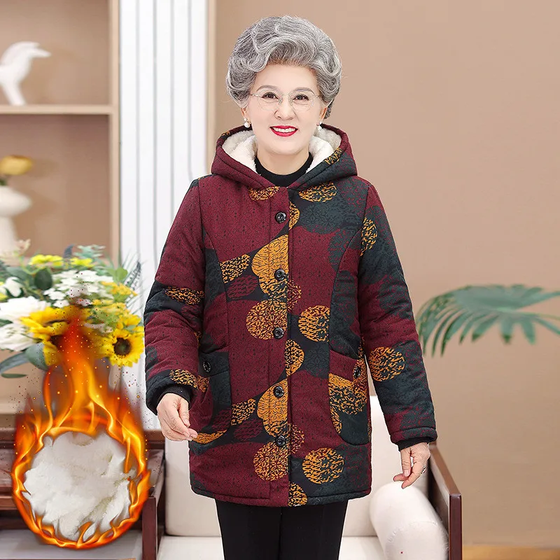 Winter Grandma Cotton Padded Jacket Medium Length 60 To 80 Year Old Women Clothing Thick Velvet Warm Coat Mother Parkas XL-5XL enlarge